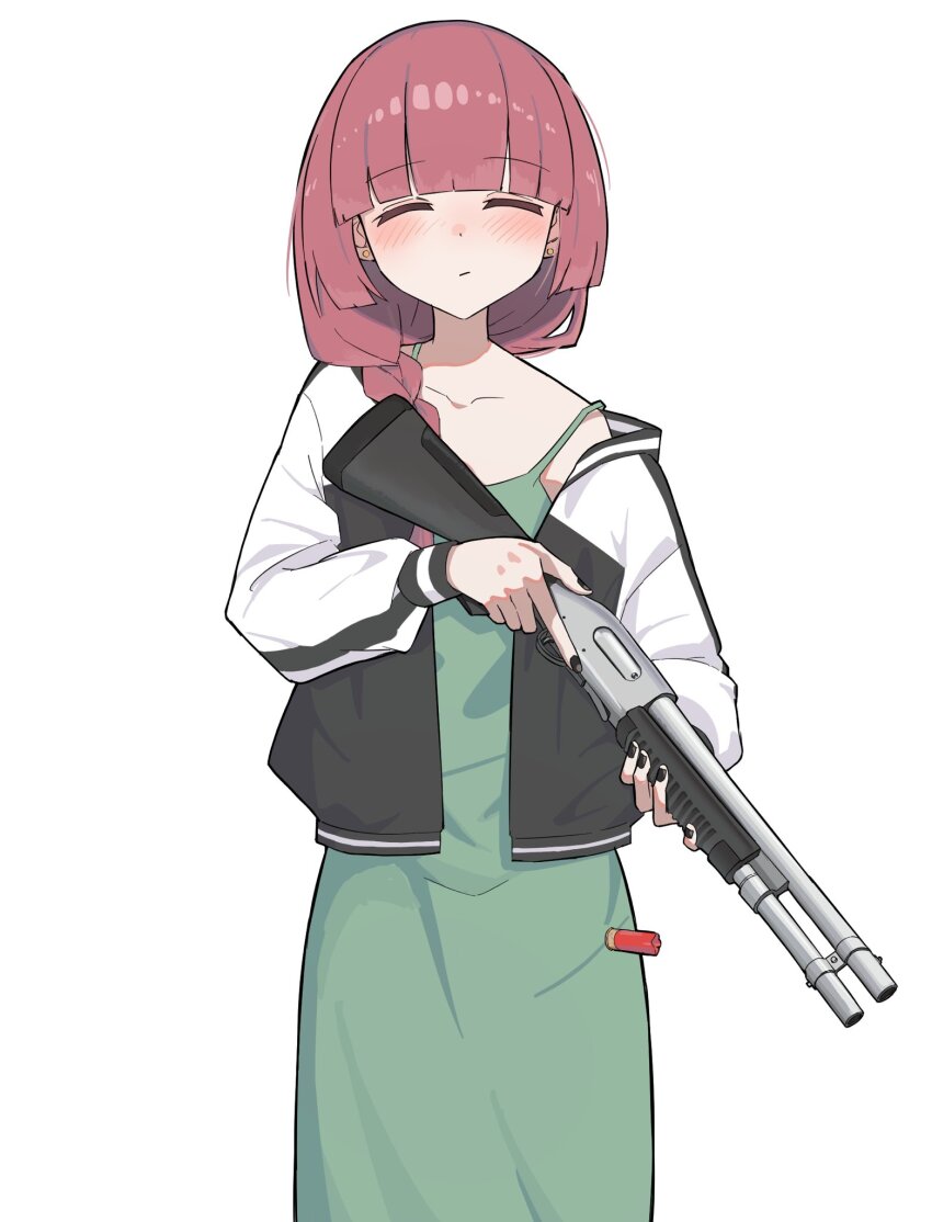 1girl, ammunition, black_jacket, black_nails, blue_archive, blunt_bangs, bocchi_the_rock!, borrowed_weapon, braid, closed_eyes, cowboy_shot, dress, earrings, facing_viewer, fukachi, green_dress, gun, highres, hiroi_kikuri, holding, holding_gun, holding_weapon, jacket, jewelry, konoka_(blue_archive), long_hair, long_sleeves, multicolored_jacket, nail_polish, pump_action, red_hair, remington_870, senbongi_sayaka, shotgun, shotgun_shell, simple_background, single_braid, single_off_shoulder, solo, strap_slip, stud_earrings, trigger_discipline, two-tone_jacket, voice_actor_connection, weapon, white_background, white_jacket
