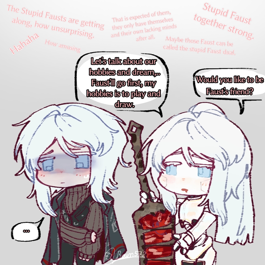 ..., 2girls, blue_eyes, boun578, commentary, cyborg, drooling, dual_persona