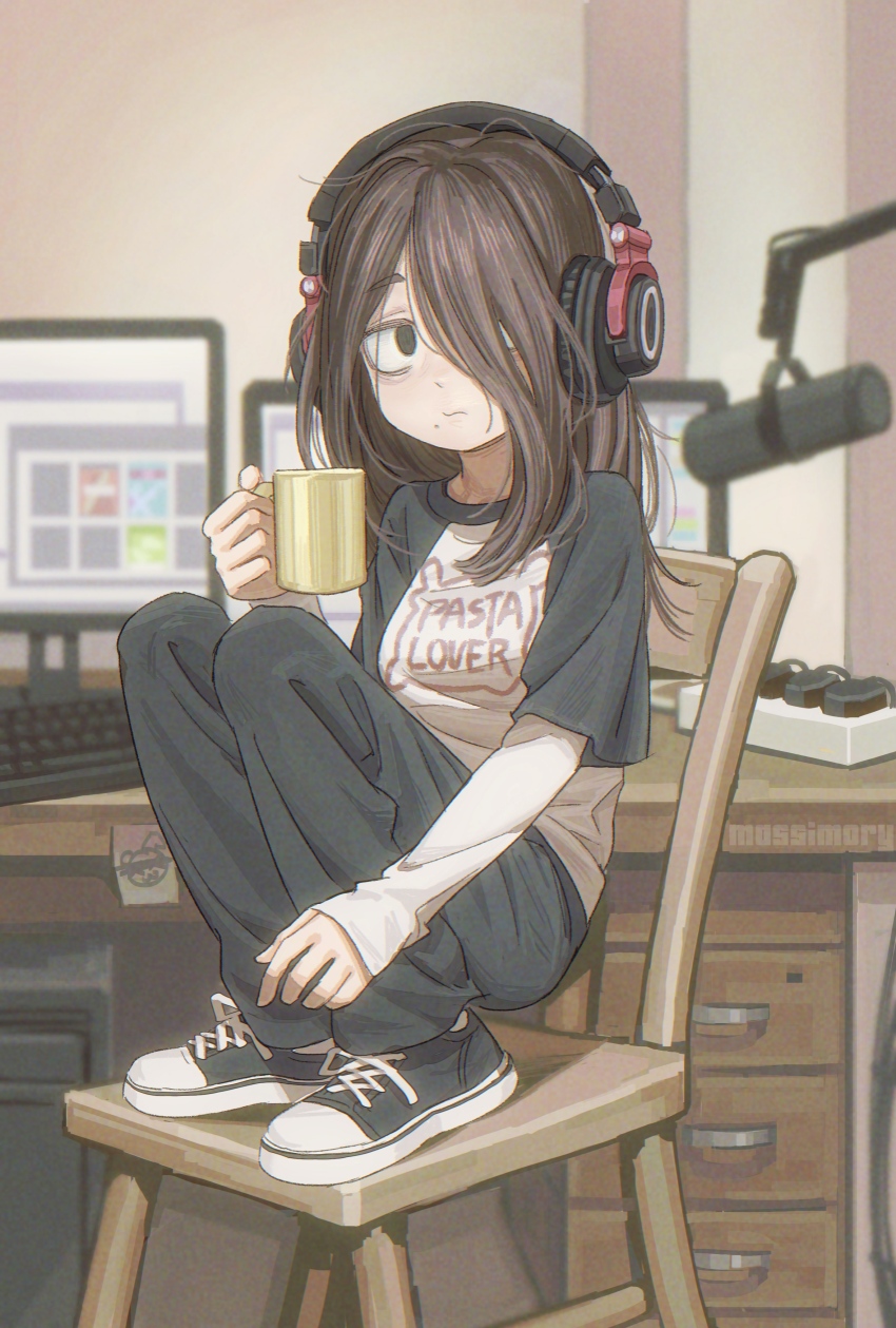 1girl, absurdres, bags_under_eyes, black_eyes, black_pants, black_shoes, brown_hair, chair