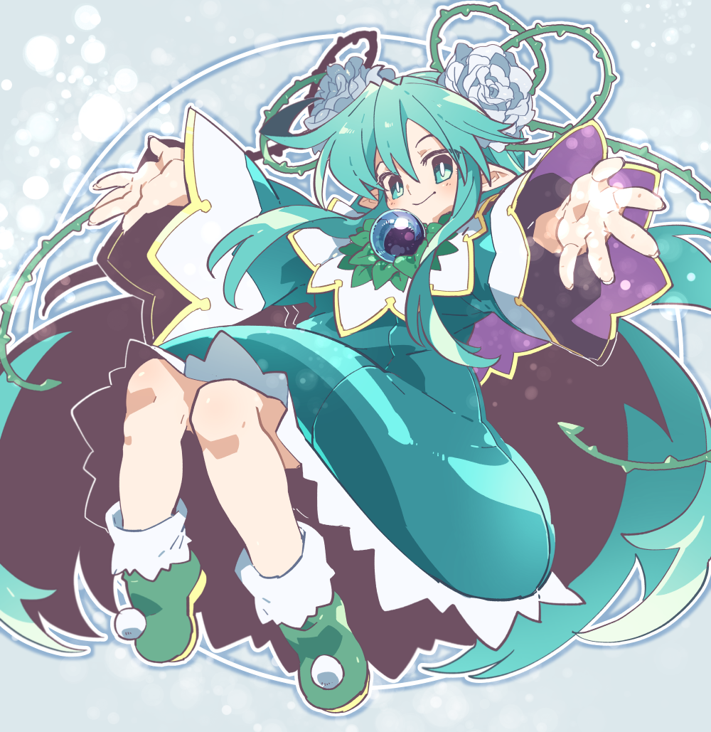 1girl, ankle_boots, boots, capelet, closed_mouth, commentary_request, dress, energy_ring