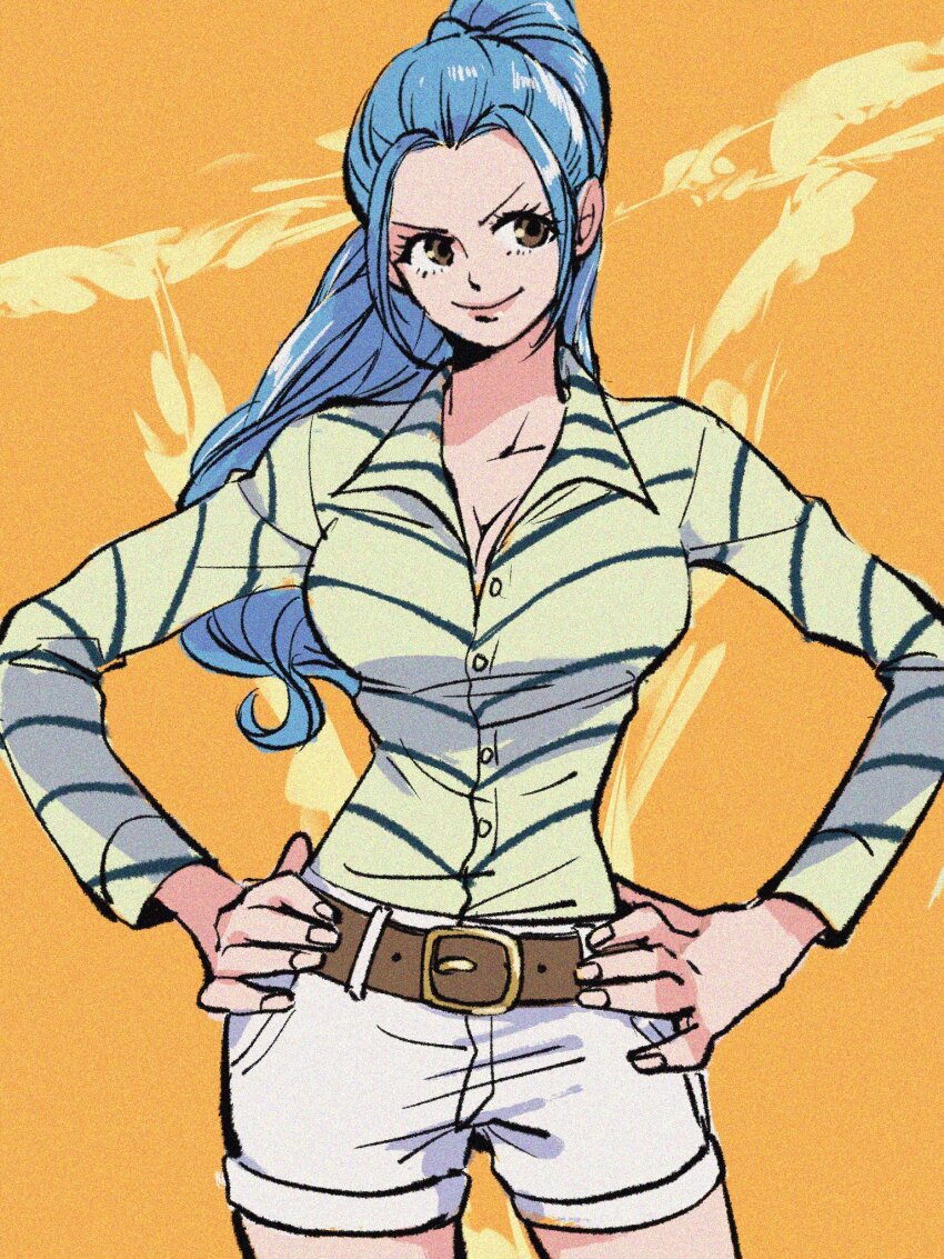 1girl, abunaideka, belt, blue_eyes, blue_hair, breasts, brown_belt, brown_eyes