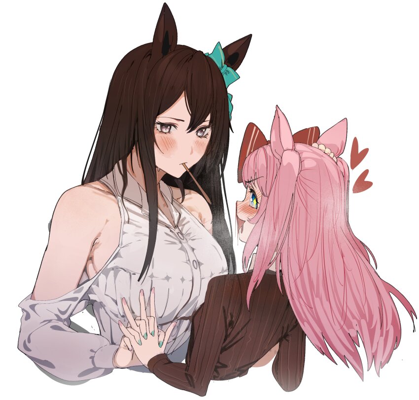 2girls, absurdres, agnes_digital_(umamusume), animal_ears, aqua_nails, bare_shoulders, blood, blue_eyes