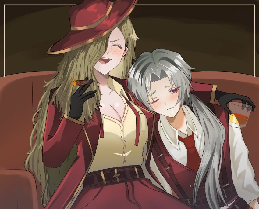 1boy, 1girl, alcohol, black_gloves, blush, breasts, brown_hair, cigar