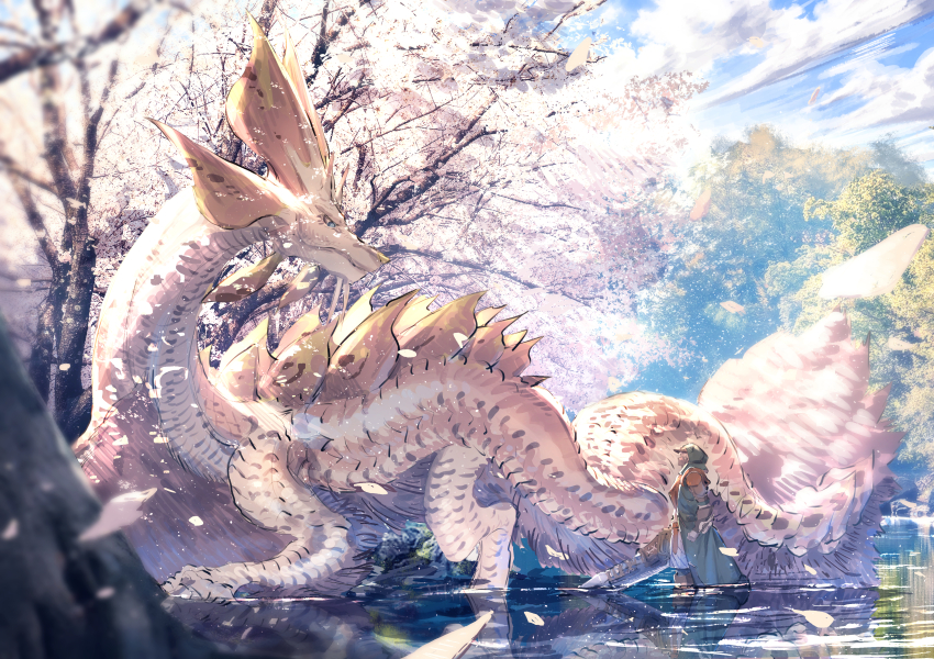1boy, absurdres, armor, cherry_blossoms, cloud, colored_eyelashes, commentary_request, fins
