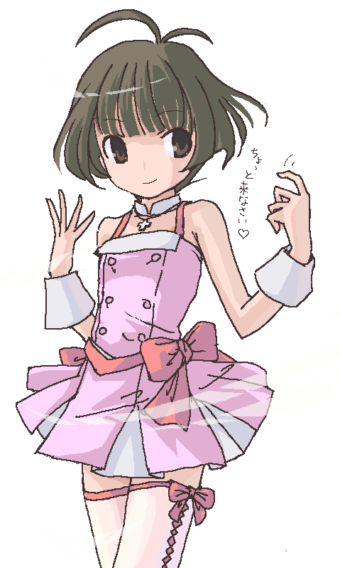 00s, 1boy, akizuki_ryo, antenna_hair, bow, brown_eyes, brown_hair, crossdressing