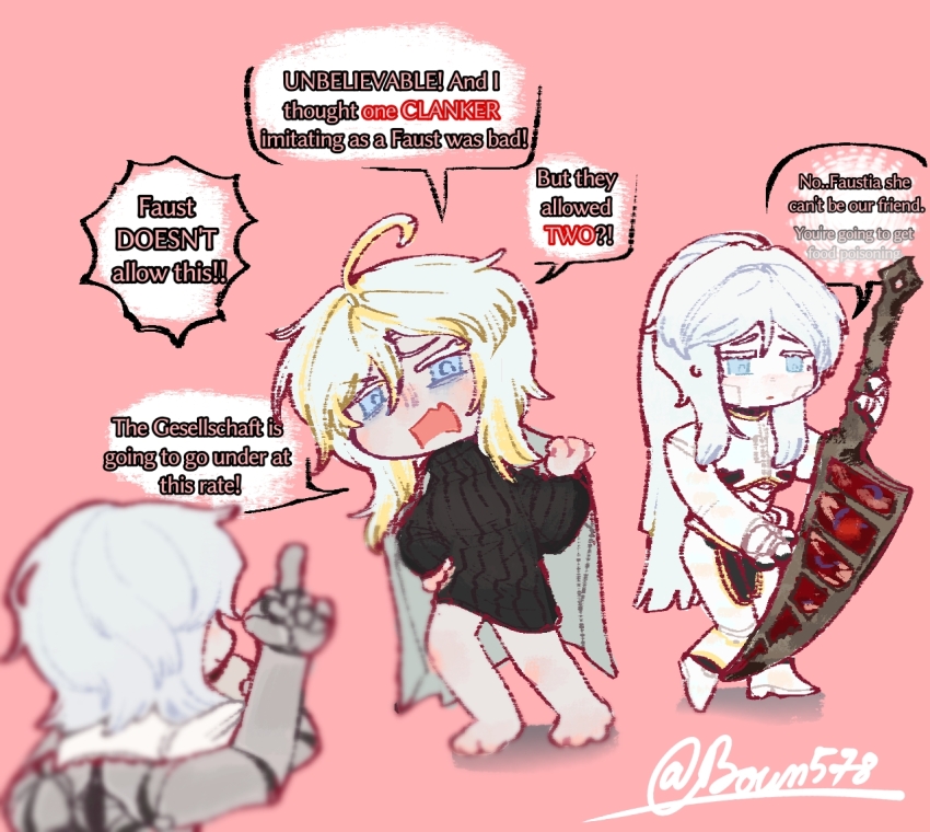 3girls, ahoge, artist_name, barefoot, black_sweater, blonde_hair, blue_eyes, boun578