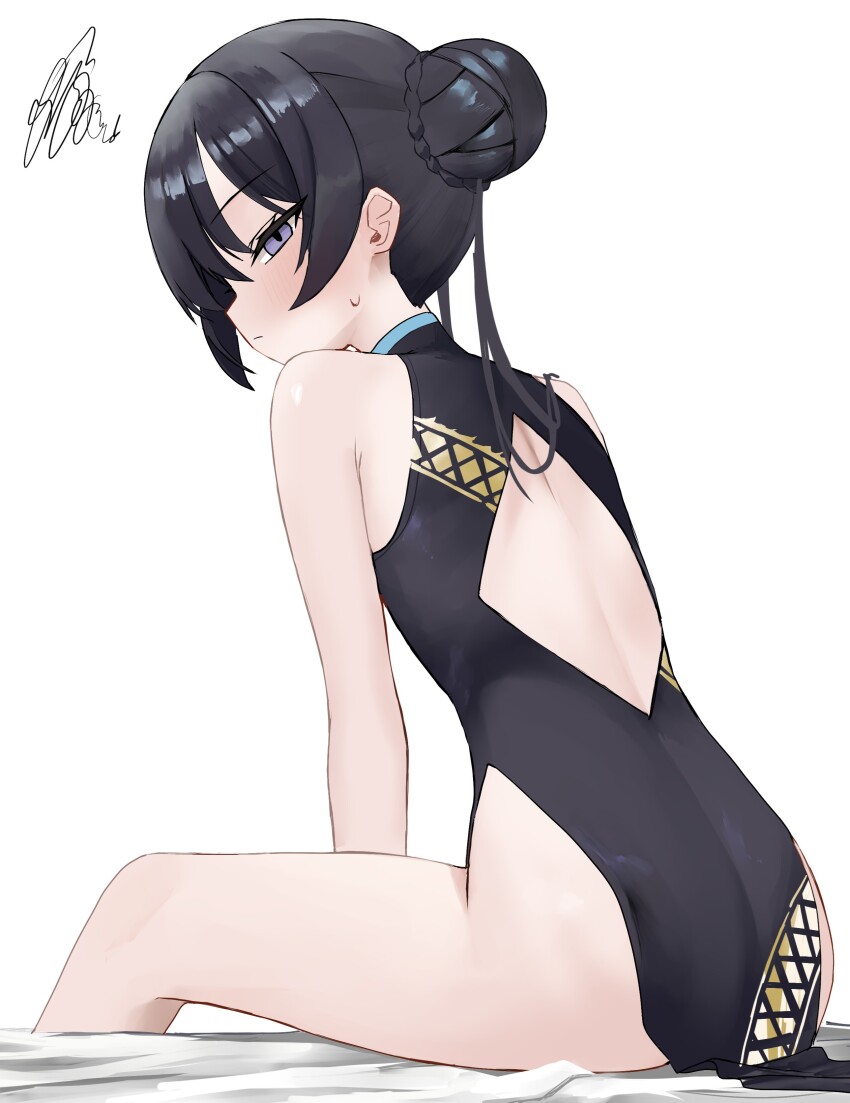 1girl, absurdres, back, back_cutout, bare_shoulders, black_dress, black_hair, blue_archive