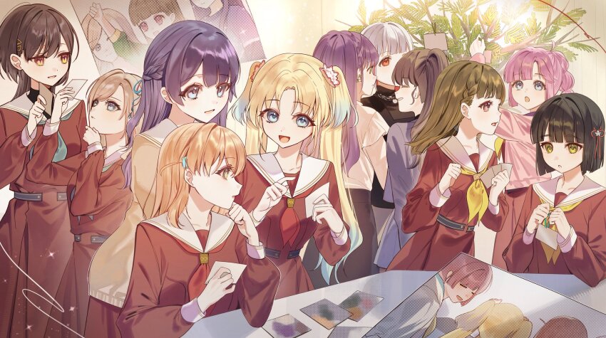 6+girls, :d, ahoge, anyoji_hime, aqua_neckerchief, black_hair, black_skirt, black_sweater