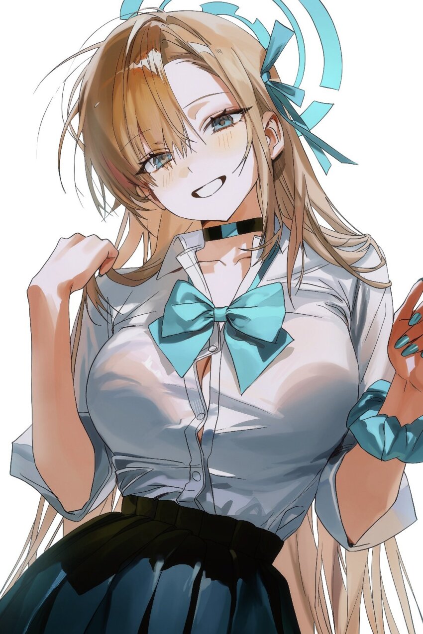 1girl, asuna_(blue_archive), asuna_(school_uniform)_(blue_archive), black_skirt, blonde_hair, blue_archive, blue_bow, blue_eyes