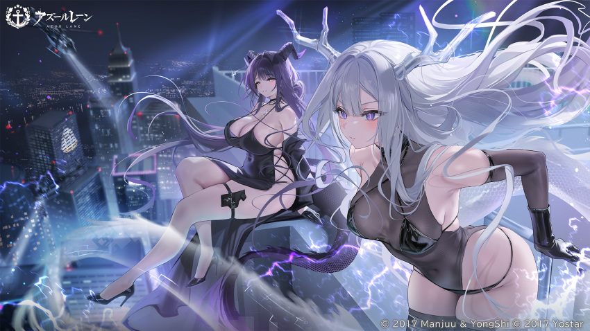 2girls, aircraft, artist_request, azur_lane, bare_shoulders, black_shoes, black_thighhighs, breasts