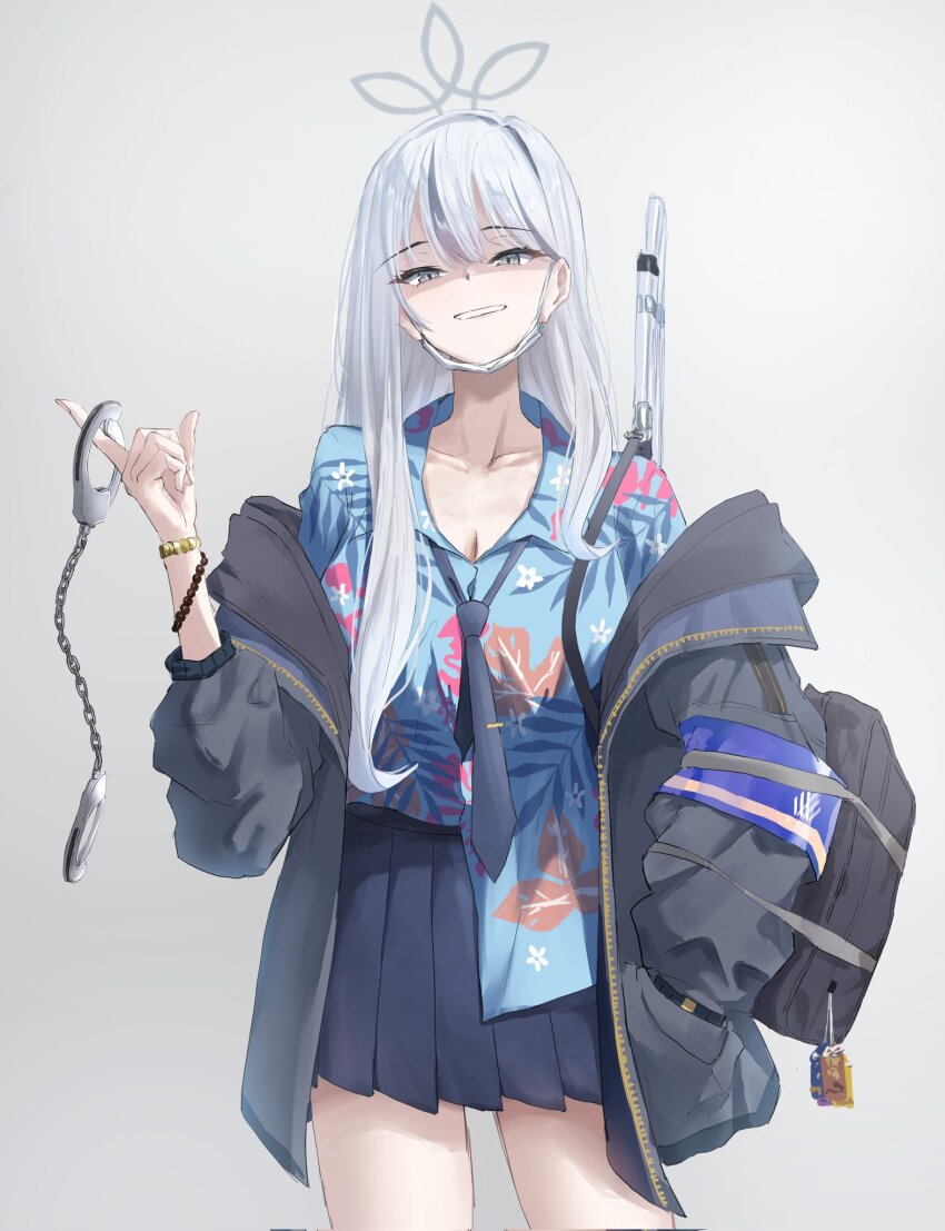 1girl, asao_(asaomm12345), backpack, bag, blue_archive, commentary_request, cuffs, grey_hair