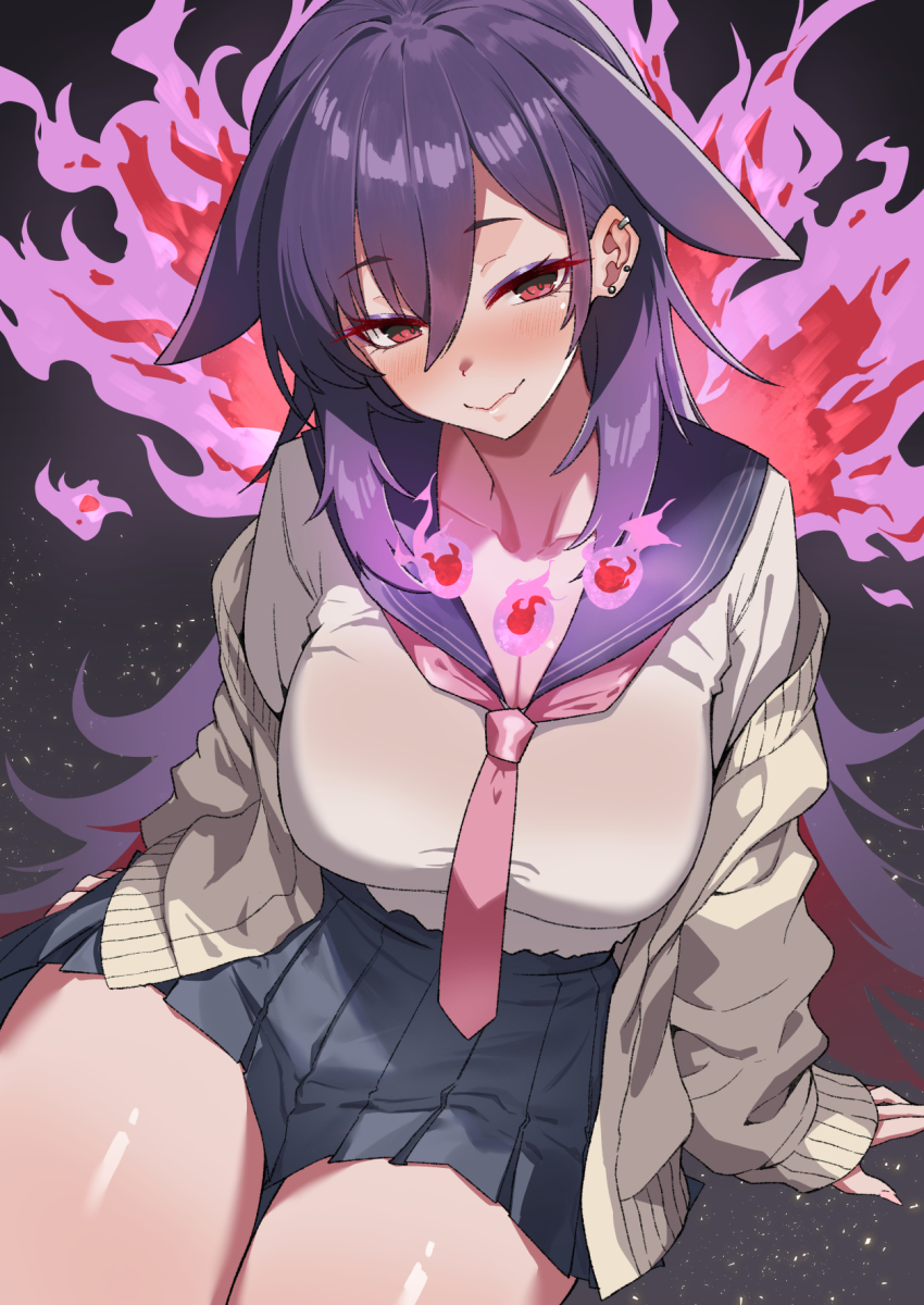 breasts, cardigan, chikakei_(tsuki_no_chika_keikoku), commentary_request, grey_skirt, hair_between_eyes, highres, hisuian_typhlosion