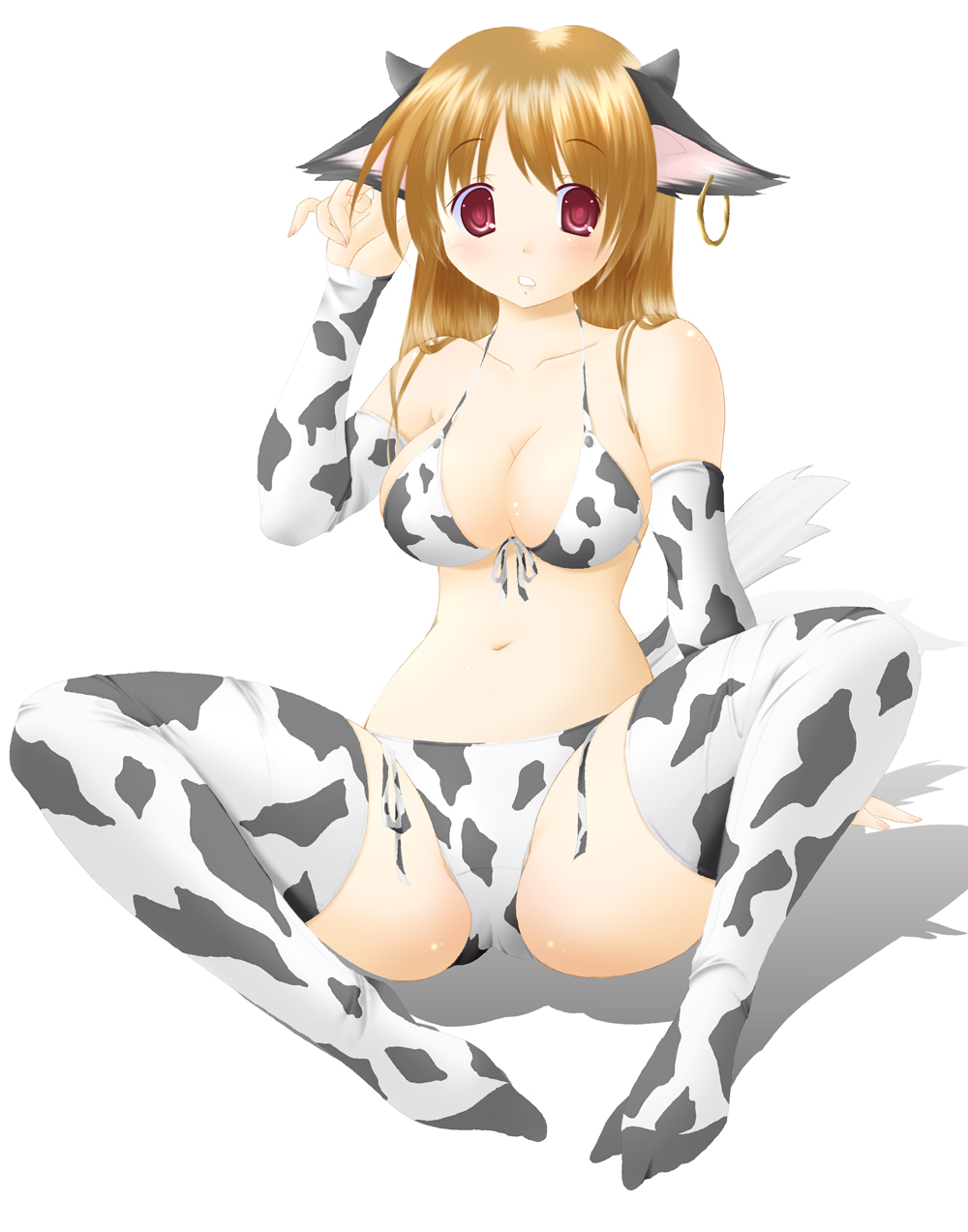 1girl, animal_ears, animal_print, bikini, brown_hair, cow_ears, cow_print, female_focus, highres, horns, long_hair, nashigami_tsubute, red_eyes, simple_background, solo, spread_legs, swimsuit, thighhighs