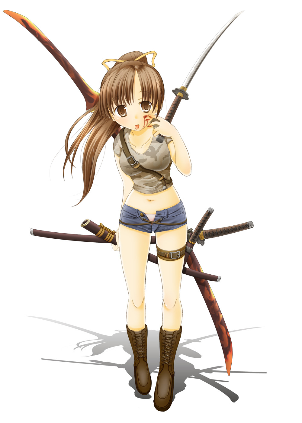 1girl, :p, blood, blood_on_face, boots, breasts, brown_eyes, brown_hair