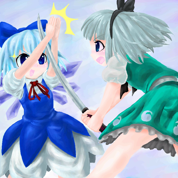 2girls, ^^^, bow, cirno, digging_your_own_grave, doyagao, failure, female_focus