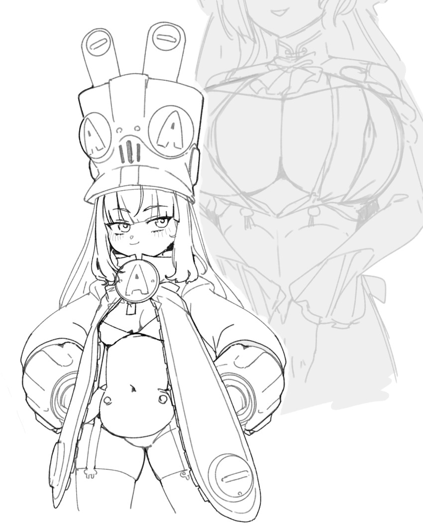 2girls, blush, breasts, cleavage, closed_mouth, commentary_request, greyscale, hands_on_own_hips, highres, large_breasts, large_hat, long_hair, looking_at_another, monochrome, multiple_girls, navel, nikukaiq, norma_(zenless_zone_zero), simple_background, small_breasts, smile, stomach, thighhighs, velina_(zenless_zone_zero), white_background, white_thighhighs, zenless_zone_zero