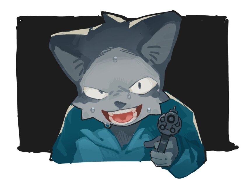 1boy, aiming, aiming_at_viewer, animal_ears, blue_jacket, cat_boy, cat_ears, fangs