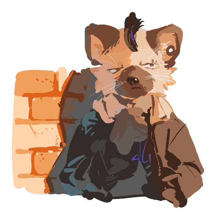 1boy, arknights, black_hair, black_jacket, black_shirt, brick_wall, closed_mouth, commentary_request, ear_piercing, eyebrow_piercing, face_piercing, furry, furry_male, grey_fur, guni_shi3, hyena_boy, hyena_ears, jacket, looking_to_the_side, male_focus, multicolored_hair, piercing, shirt, spot_(arknights), streaked_hair