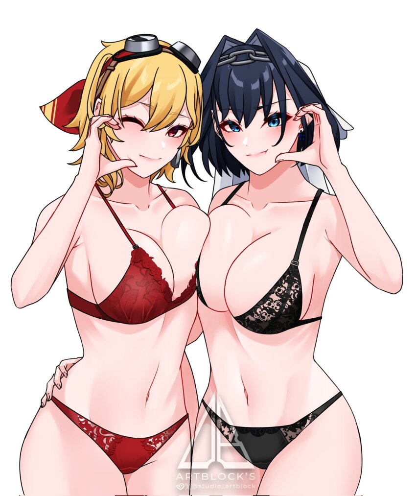 2girls, alternate_costume, black_bra, black_hair, black_panties, blanc_(studio_artblock), blonde_hair, blue_eyes