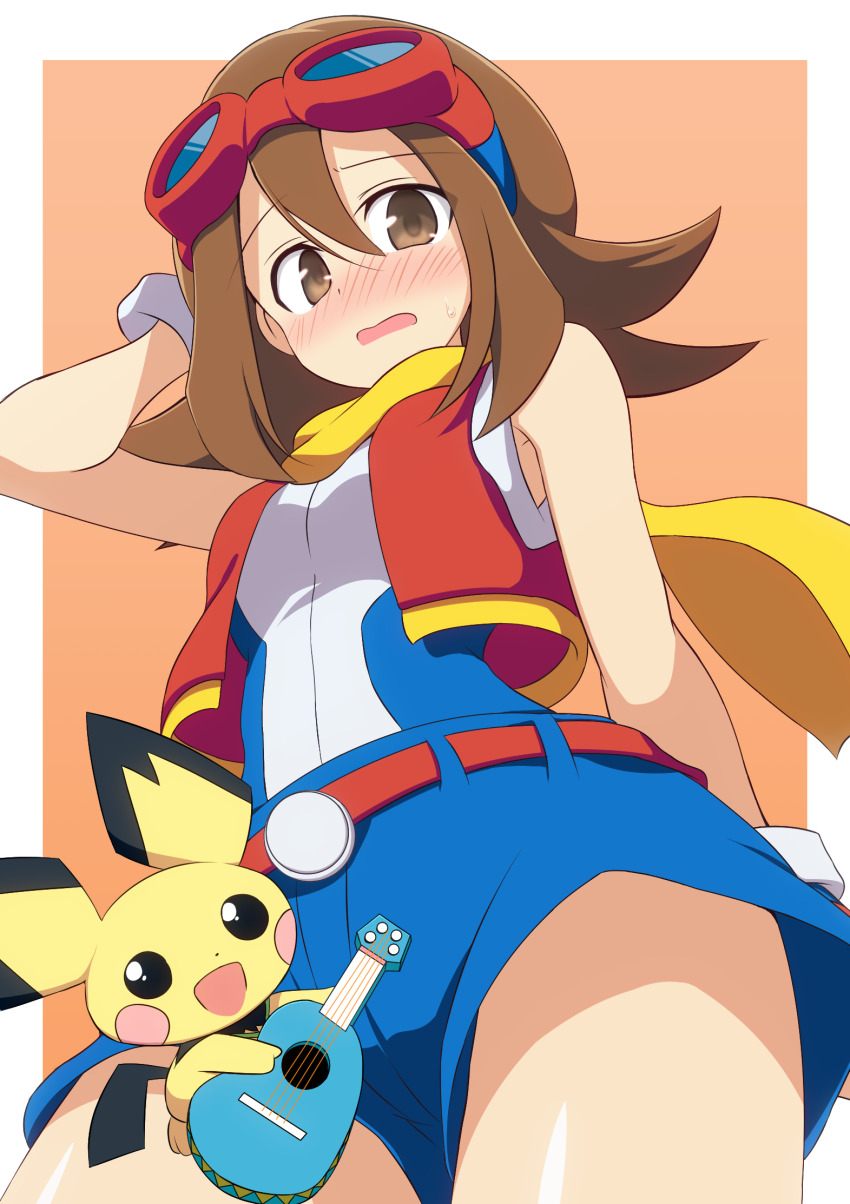 1girl, :d, blue_shorts, blush, border, breasts, brown_eyes, brown_hair