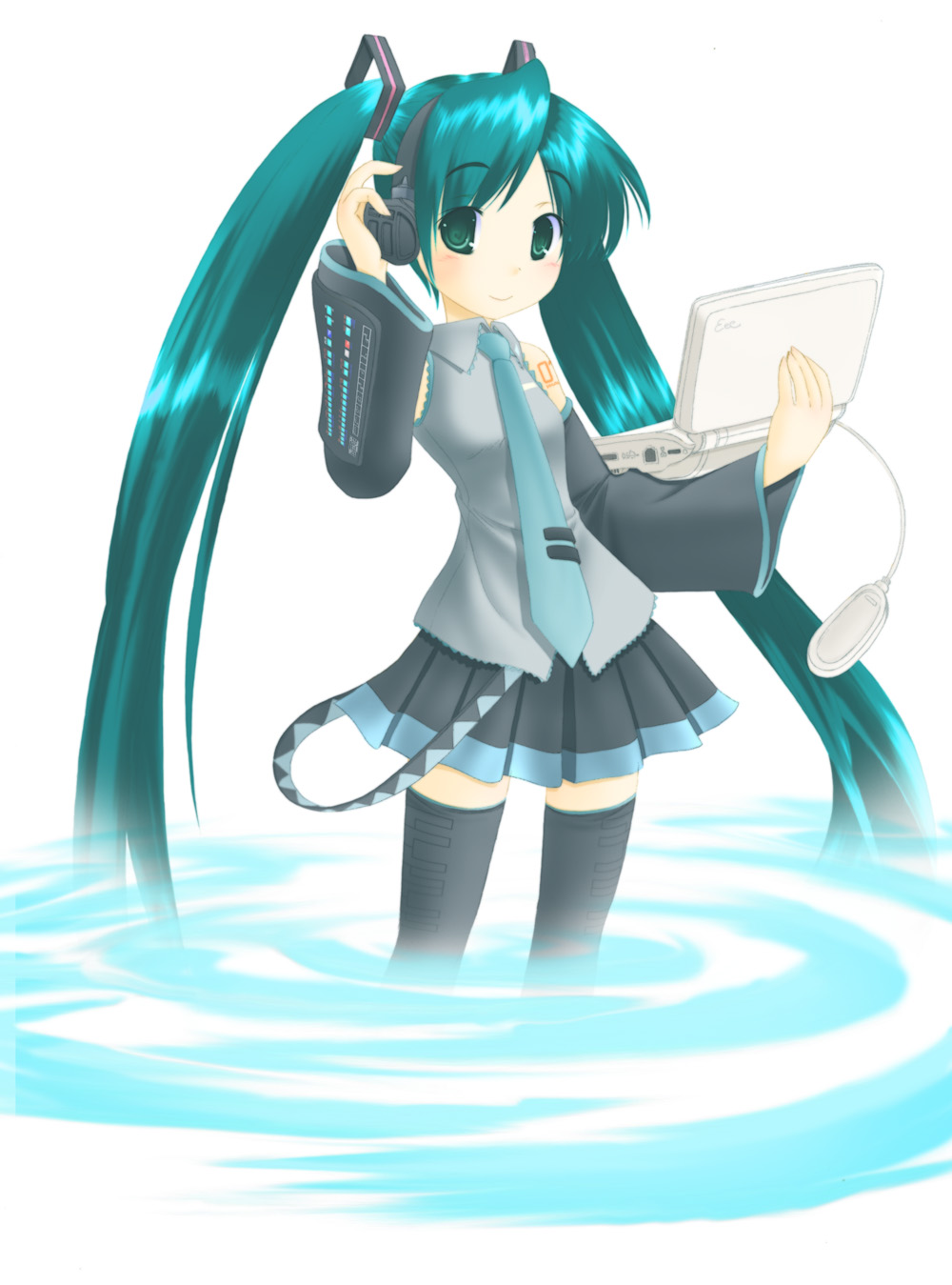 1girl, aqua_hair, detached_sleeves, female_focus, green_eyes, green_hair, hatsune_miku, headphones