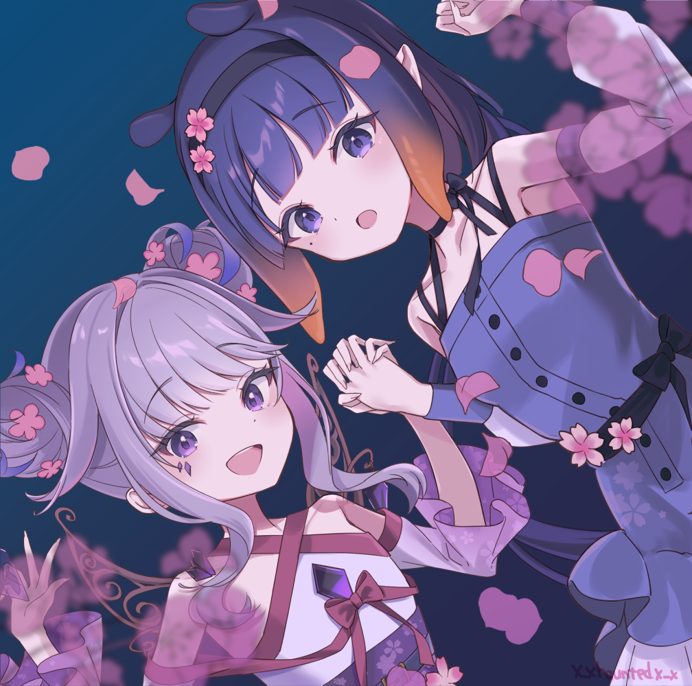 blunt_bangs, chabo_(x_xhauntedx_x), chest_jewel, commentary, double_bun, english_commentary, gem, gradient_hair