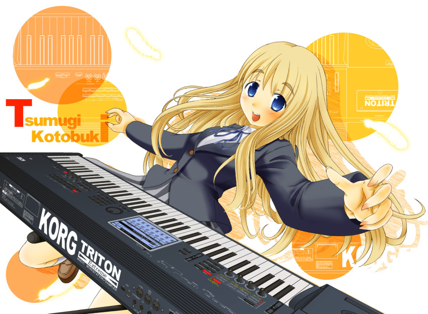 1girl, blonde_hair, blue_eyes, blush, character_name, female_focus, highres, instrument