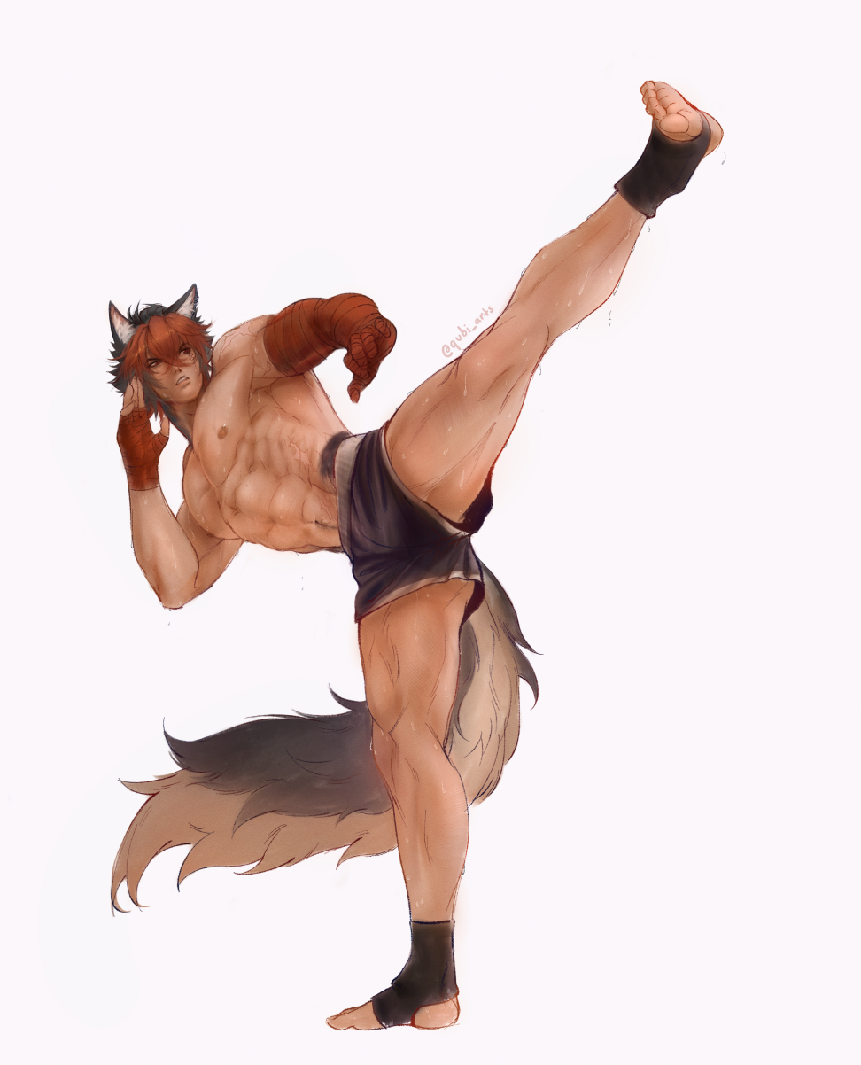 1boy, abs, animal_ear_fluff, animal_ears, bandaged_arm, bandages, black_hair, black_shorts