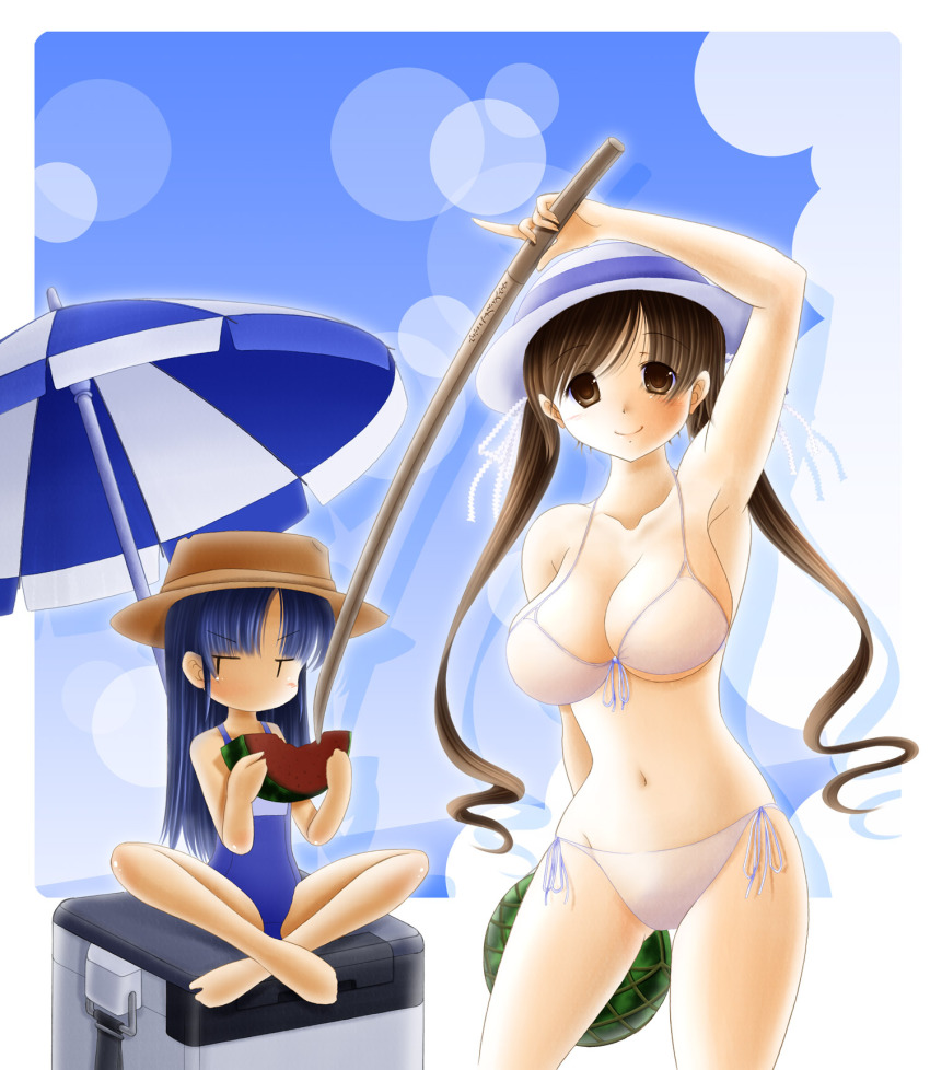 2girls, barefoot, beach_umbrella, bikini, blue_hair, blush, bokken, breast_envy