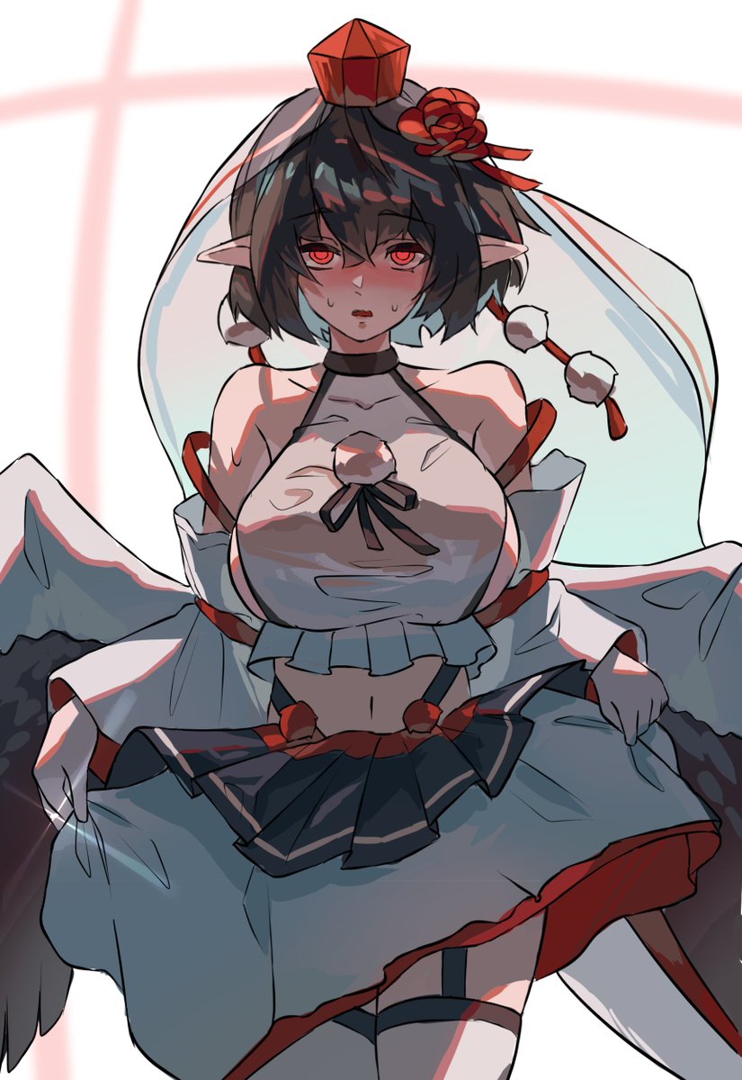 1girl, ametonalu, bare_shoulders, bridal_veil, clothes_lift, collarbone, commentary_request, detached_sleeves, feathered_wings, flower, hair_flower, hair_ornament, hat, highres, holding_own_skirt, looking_at_viewer, midriff, multiple_girls, navel, parted_lips, pointy_ears, pom_pom_(clothes), red_eyes, red_flower, red_hair, ringed_eyes, shameimaru_aya, short_hair, skirt, skirt_lift, sleeveless, solo, sweatdrop, thigh_peek, thigh_strap, thighhighs, tokin_hat, touhou, veil, white_skirt, white_thighhighs, wings