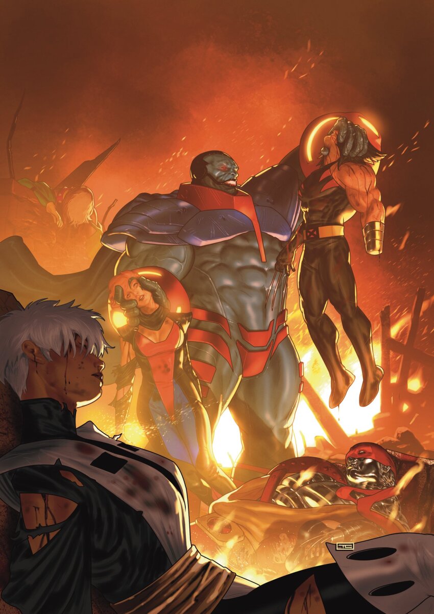 3boys, 4girls, amputee, apocalypse_(marvel), black_bodysuit, blood, blood_from_mouth, blood_on_clothes