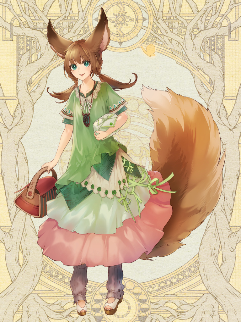 1girl, animal_ears, bag, braid, brown_hair, dairoku_ryouhei, full_body, green_eyes