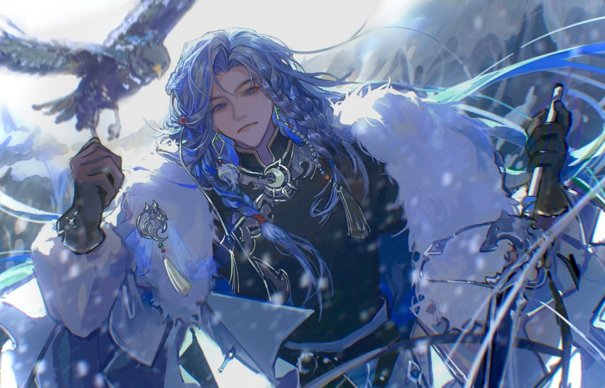 1boy, 2195305919, backlighting, beads, black_gloves, black_robe, blue_eyes, blue_hair