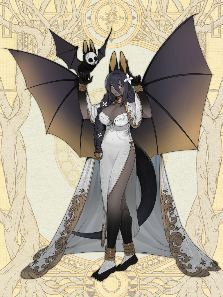 1girl, ambune_saleh, animal_ears, anklet, bat_(animal), bat_girl, bat_on_hand, bat_wings