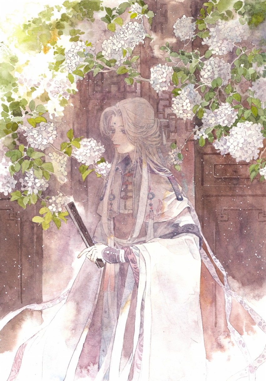 1boy, arm_guards, branch, chinese_clothes, closed_mouth, cowboy_shot, curtained_hair, door