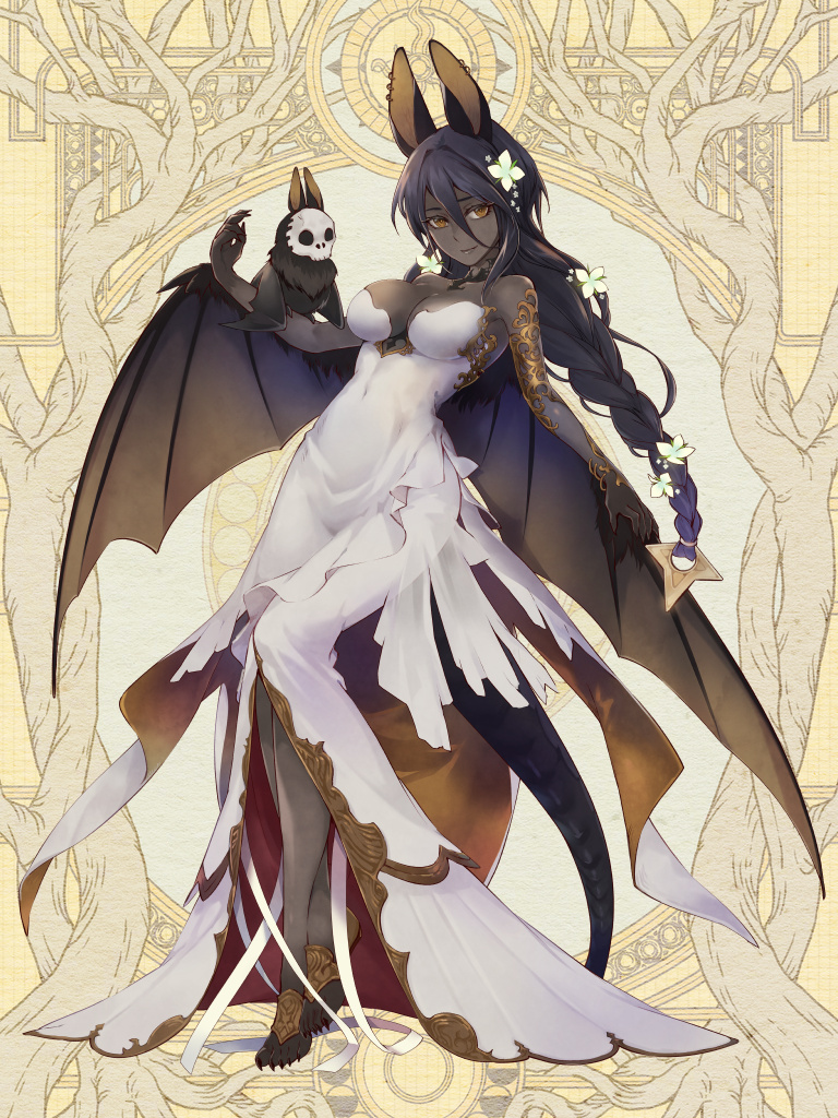 1girl, ambune_saleh, animal_ears, bat_(animal), bat_girl, bat_wings, black_hair, breasts, brown_eyes, claws, cleavage, covered_navel, dairoku_ryouhei, dark-skinned_female, dark_skin, dress, flower, full_body, gold_trim, hair_between_eyes, hair_flower, hair_ornament, kiile_(tw), long_hair, looking_at_viewer, medium_breasts, smile, solo, standing, very_long_hair, white_dress, wings