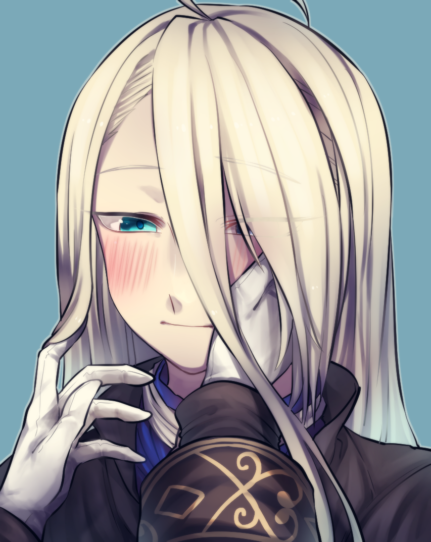 1boy, 1girl, aqua_background, aqua_eyes, black_coat, blonde_hair, blush, closed_mouth