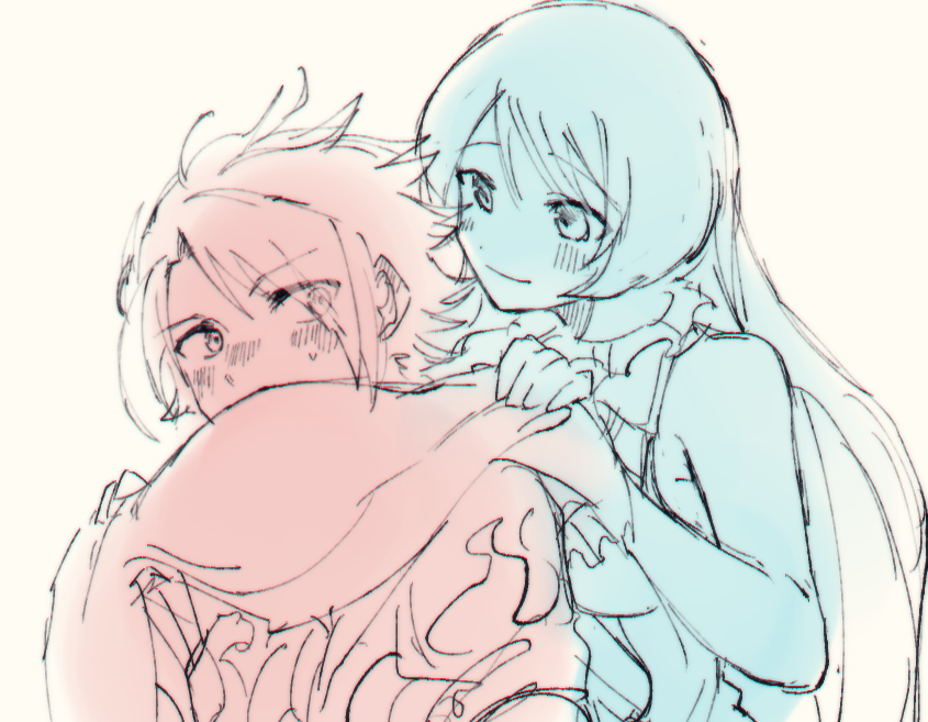 1boy, 1girl, armor, breasts, closed_mouth, dress, grimms_notes, hair_over_one_eye