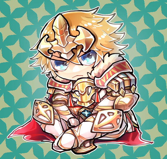 1boy, armor, blue_eyes, cape, closed_mouth, crossed_bangs, fur_trim, green_background