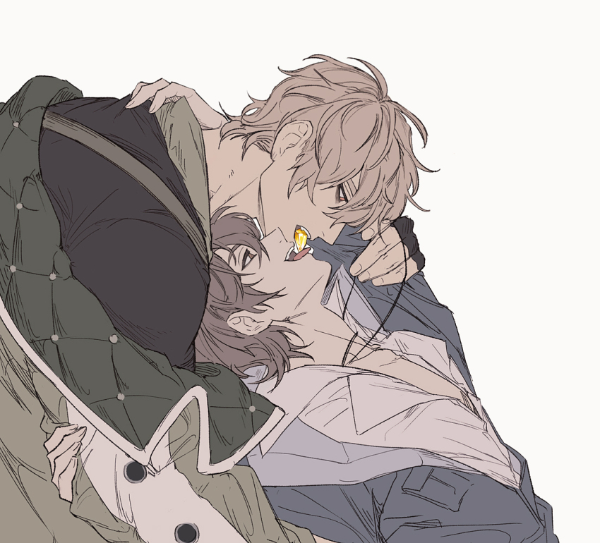 2boys, bags_under_eyes, black_gloves, blonde_hair, blue_jacket, brown_eyes, brown_hair, collared_shirt