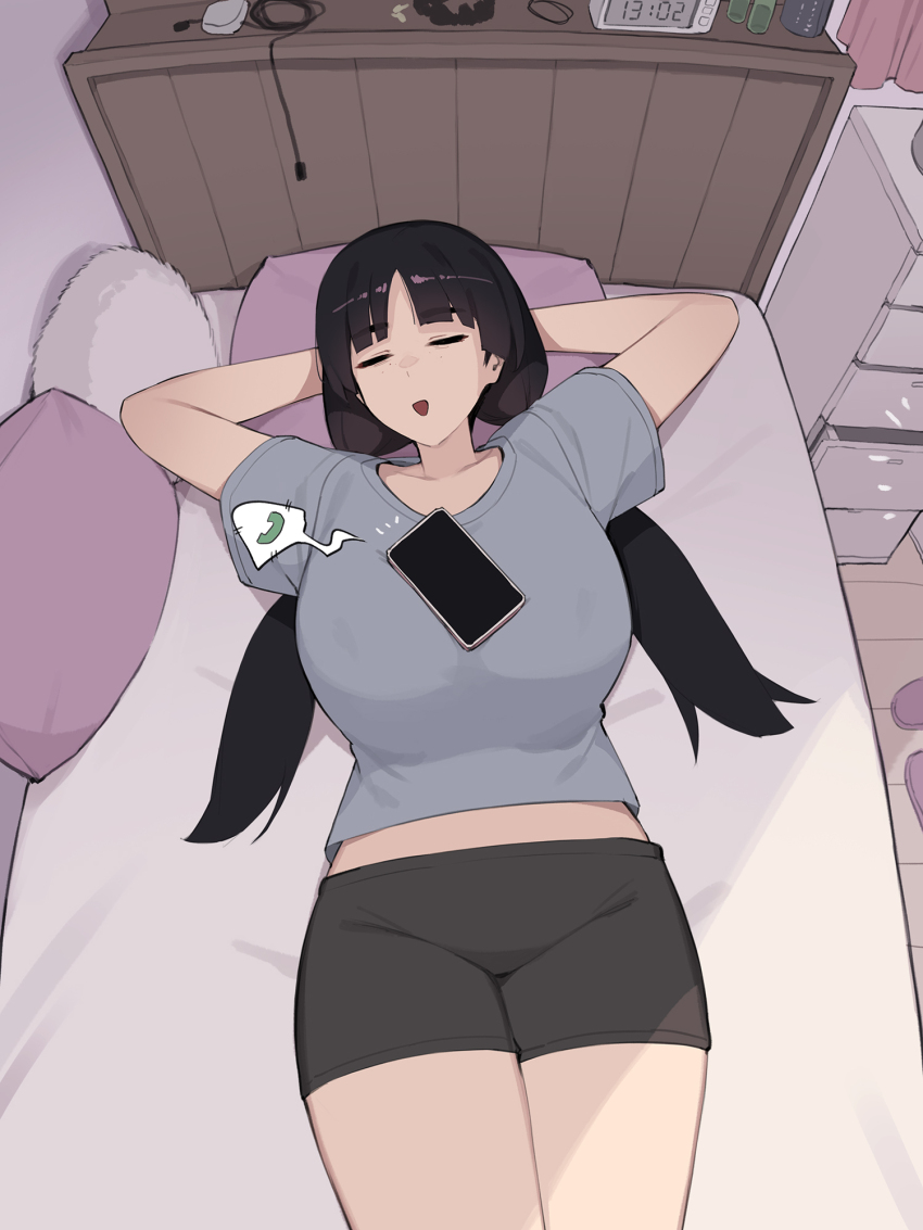 1girl, akiyama_fumika_(pepper0), arms_behind_head, bed, bedroom, black_hair, black_shorts, blunt_bangs, breasts, casual, cellphone, clock, closed_eyes, commentary, digital_clock, earphones, from_above, grey_shirt, highres, huge_breasts, incoming_call, indoors, inverted_triangle_mouth, legs_together, lying, on_back, on_bed, original, pepper0, phone, pillow, shirt, shorts, smartphone, solo, untranslatable_commentary