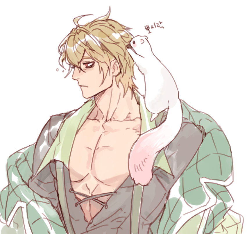 1boy, animal, animal_on_shoulder, bags_under_eyes, blonde_hair, commentary_request, ermine, ferret