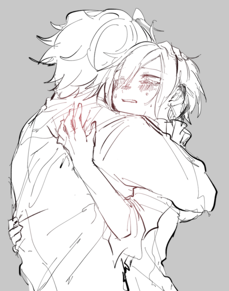 2boys, coat, commentary_request, crying, crying_with_eyes_open, diamond-shaped_earrings, earrings, from_behind, grey_background, greyscale, grimms_notes, hair_between_eyes, highres, hug, jacket, jewelry, lewis_carroll_(grimms_notes), lewis_carroll_(original)_(grimms_notes), ludwig_grimm_(grimms_notes), ludwig_grimm_(original)_(grimms_notes), male_focus, monochrome, multiple_boys, parted_lips, partially_colored, short_hair, simple_background, tears, teeth, yako_(pzy)