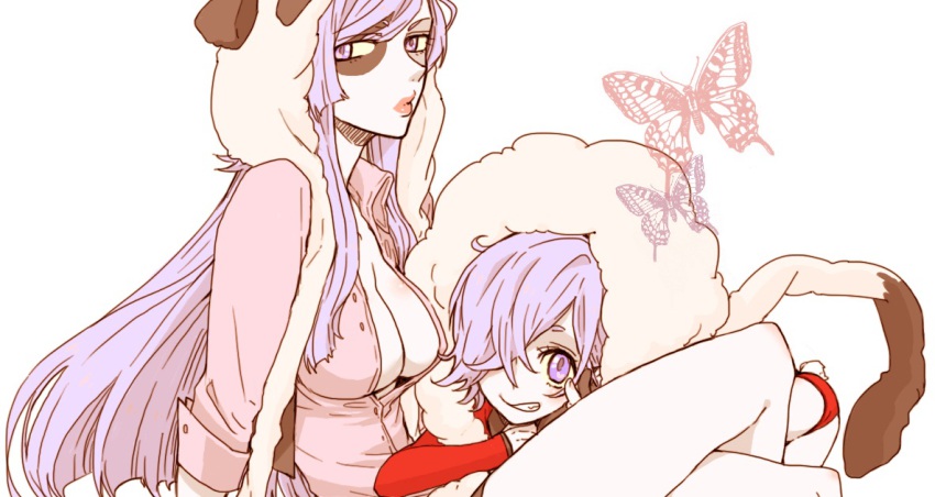 10s, 1boy, 1girl, breasts, dual_persona, hair_over_one_eye, inga, long_hair