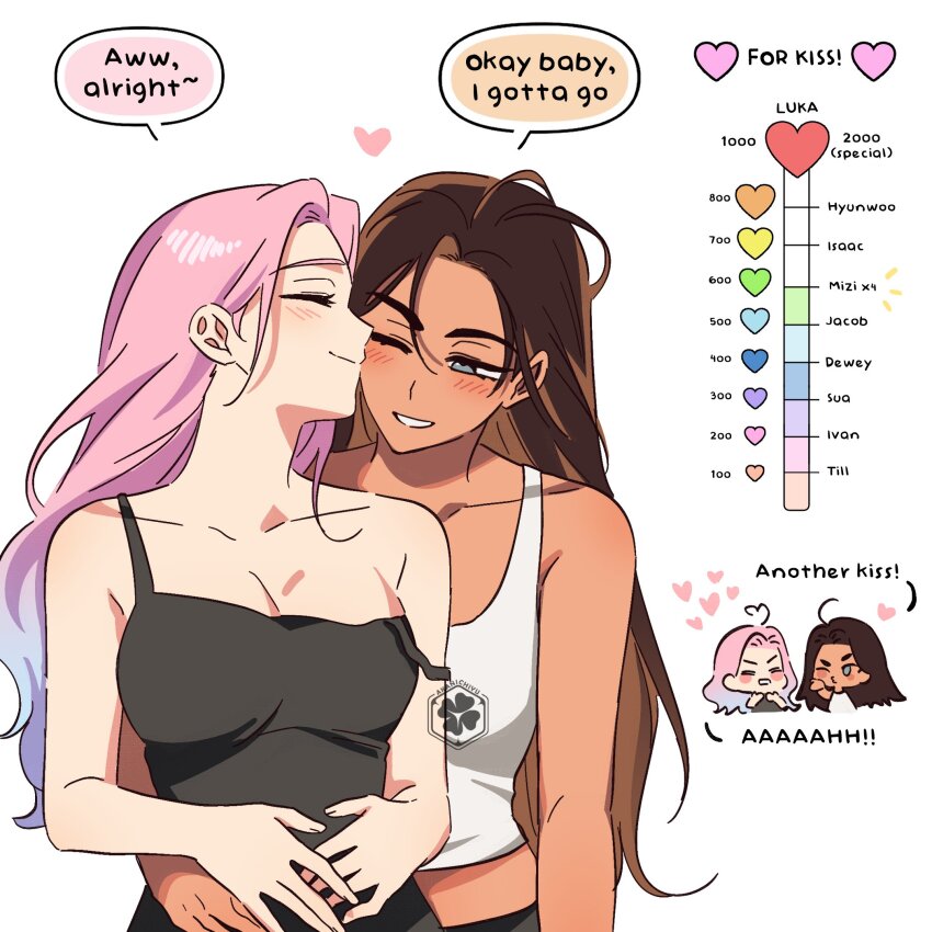 2girls, akanichiyu, alien_stage, black_camisole, blue_hair, blush, breasts, brown_hair