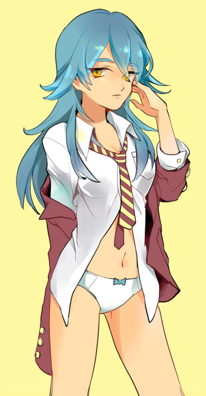 1girl, bad_id, bad_pixiv_id, blue_hair, bottomless, chuong, female_focus, genderswap