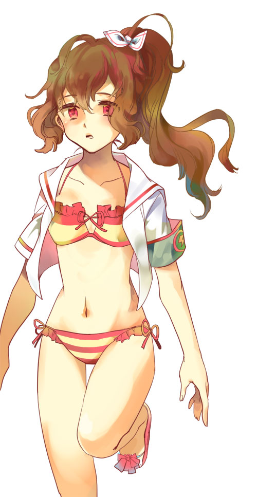 1girl, bad_id, bad_pixiv_id, bikini, brown_hair, chuong, female_focus, genderswap
