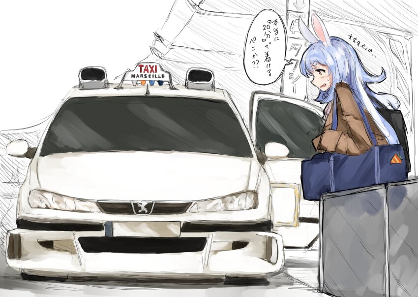 1girl, animal_ears, bag, blue_bag, blue_hair, brown_jacket, car, commentary_request, highres, hololive, jacket, long_hair, motor_vehicle, peugeot, peugeot_406, rabbit_ears, rabbit_girl, shoulder_bag, solo, suzu_coconatu, taxi, taxi_(series), translation_request, usada_pekora, virtual_youtuber, white_car