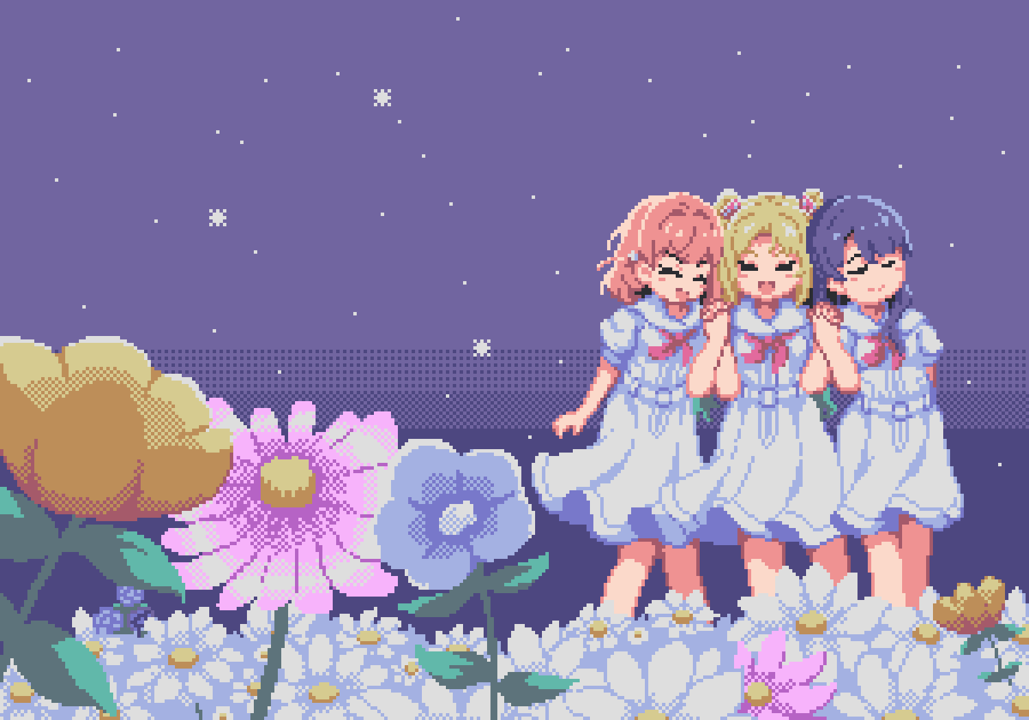 3girls, blonde_hair, blue_flower, blue_hair, closed_eyes, commentary_request, daru_pixel, dress