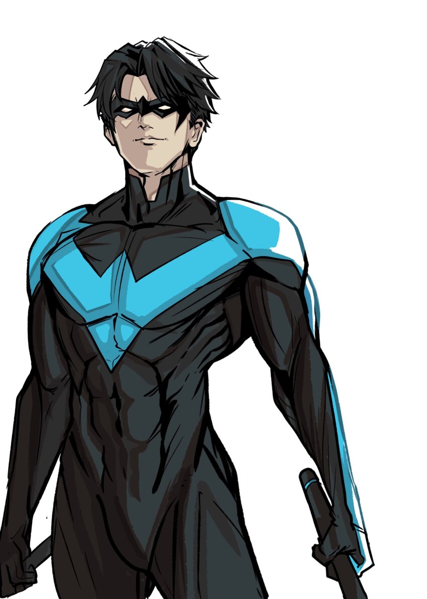 1boy, batman_(series), black_bodysuit, blue_bodysuit, blue_mask, bodysuit, commentary_request, dc_comics